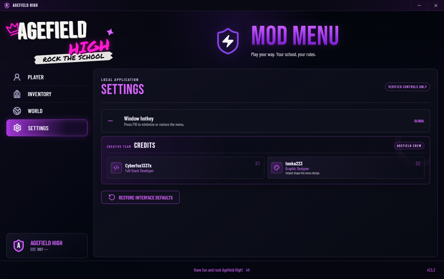 Agefield High Mod Menu Settings page showing the neon violet interface, F10 shortcut, and credits for Cyberfox1337x and tooka223